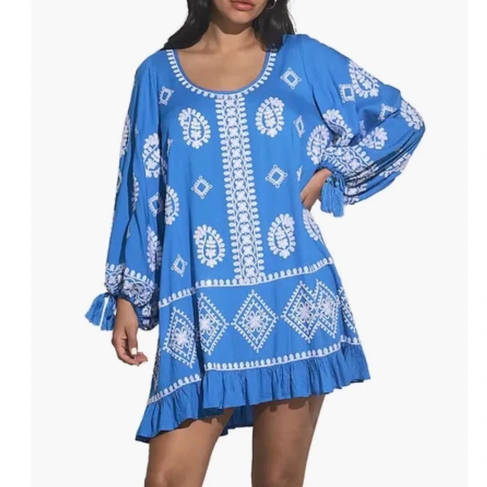 Elan Blue Dress with White Embroidery - Picture 3 of 8
